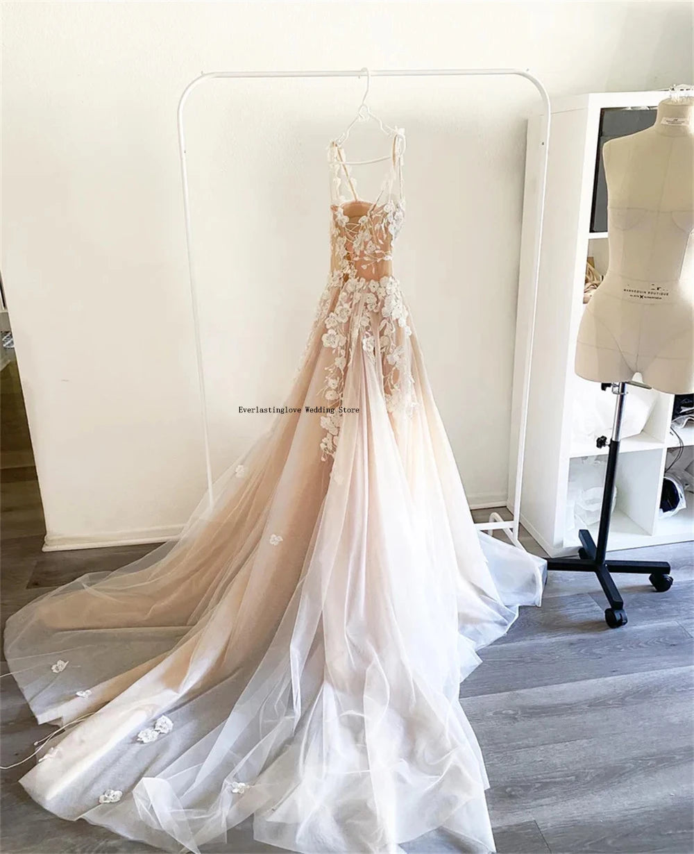 3D Flower Lace Applique Wedding Dress - Two Straps A-Line Bridal Gown 2025 - JStorehub 