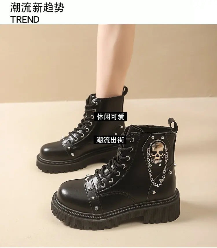 Women's Punk Ankle Boots - Platform Buckle Lace-Up Block Heel Shoes - JStorehub 
