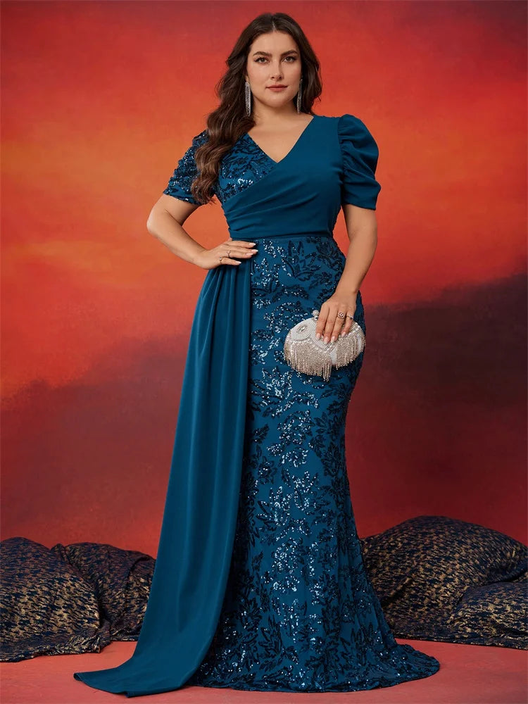 Plus Size Elegant V-neck Sequins Evening Dress Women Short Sleeves Mermaid Formal Luxury Party Streamer Prom Dress - JStorehub 