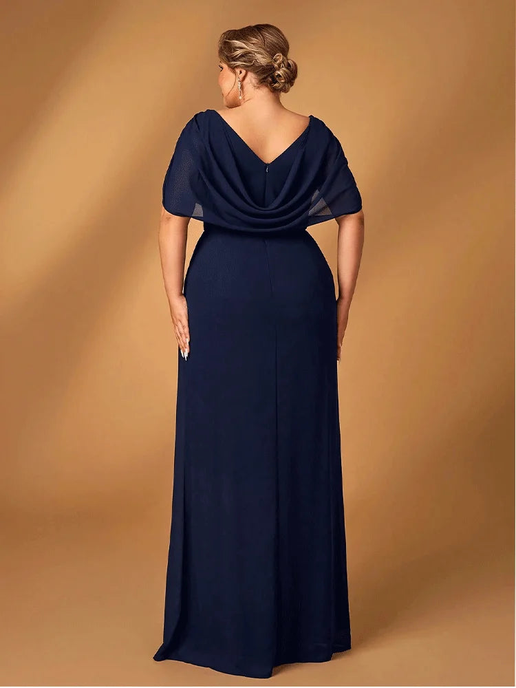 Plus Size Luxury Navy Blue Chiffon Mother of Bride Evening Dress - JStorehub 
