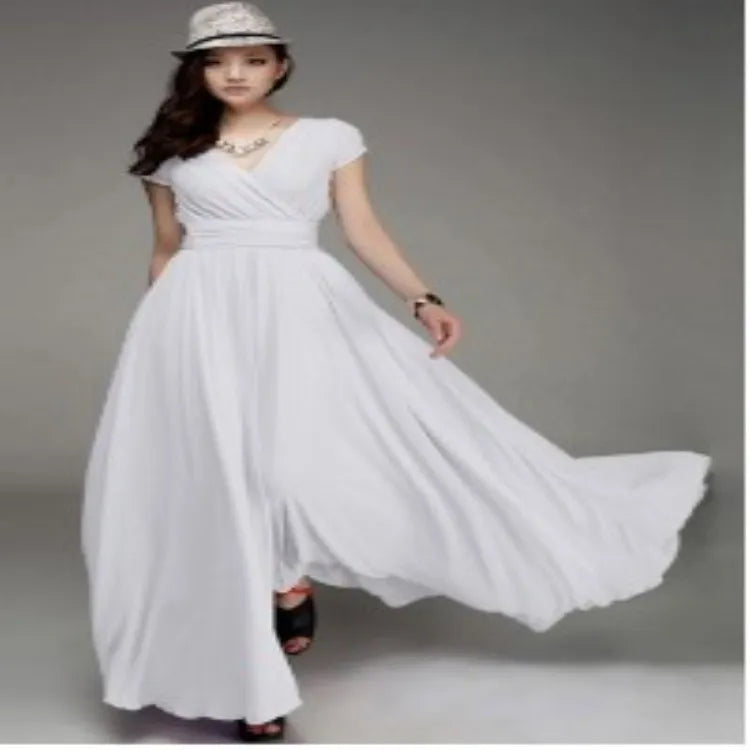 Women's Short Sleeve Chiffon Evening Dress - Bohemian Party Long Gown - JStorehub 