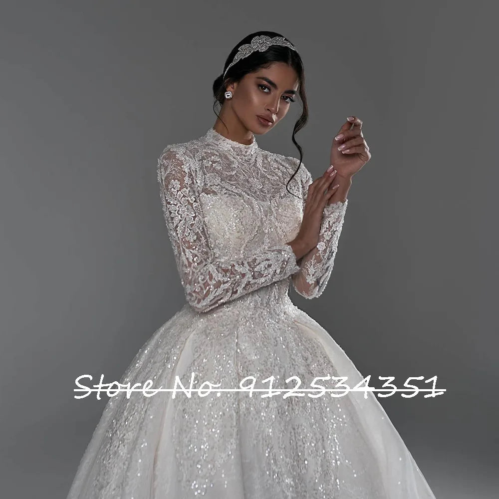 O-Neck Pearls Beaded Ball Gown Wedding Dress - Long Sleeve Shiny Sequins Lace Bridal Gown - JStorehub 