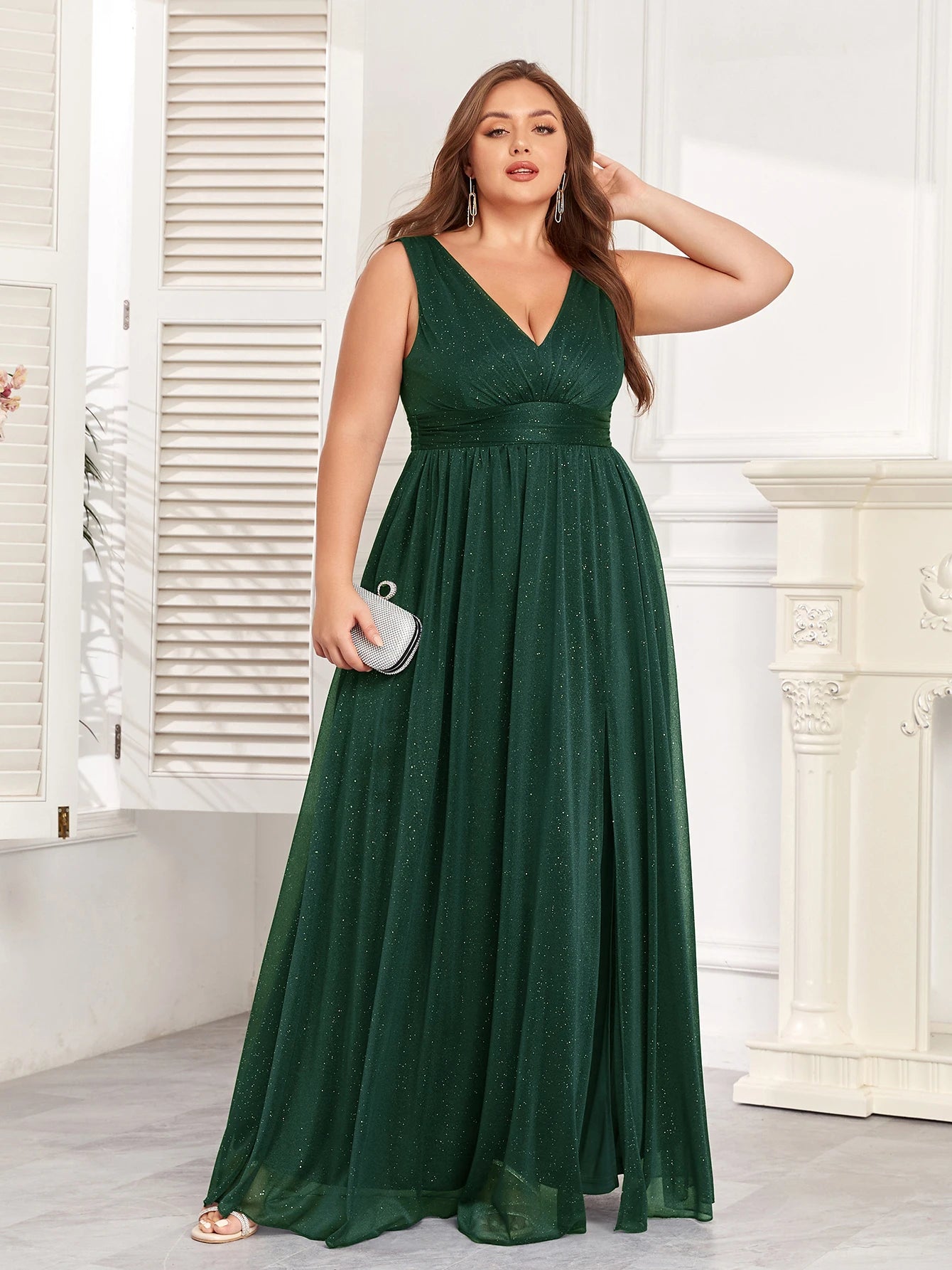 Sparkling Chiffon Double V-Neck A-Line Evening Gown with Side Slit - Bridesmaid Dress - SalmanStore 