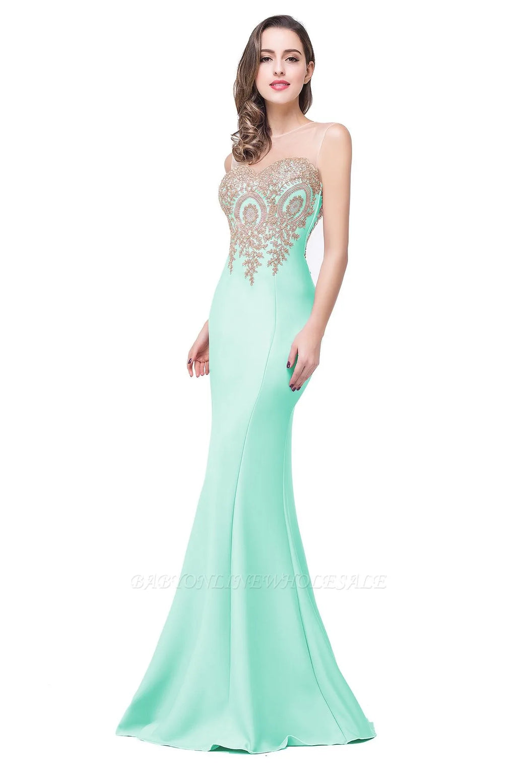 Golden Appliques Lace Mermaid Evening Dress - Sweetheart Illusion Prom Gown - SalmanStore 