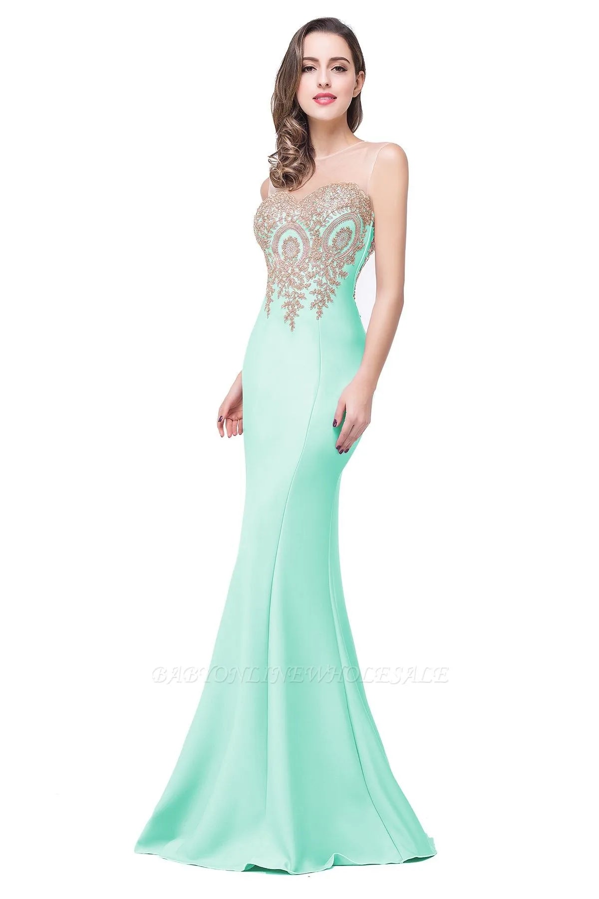 Golden Appliques Lace Mermaid Evening Dress - Sweetheart Illusion Prom Gown - SalmanStore 