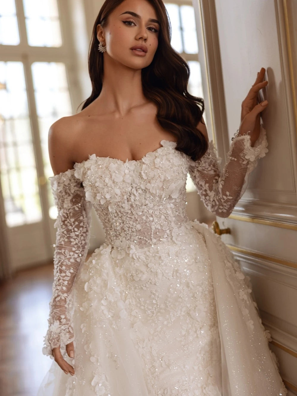 Shiny Beaded Applique Wedding Dress - 3D Flower Off-Shoulder Mermaid Bridal Gown - JStorehub 