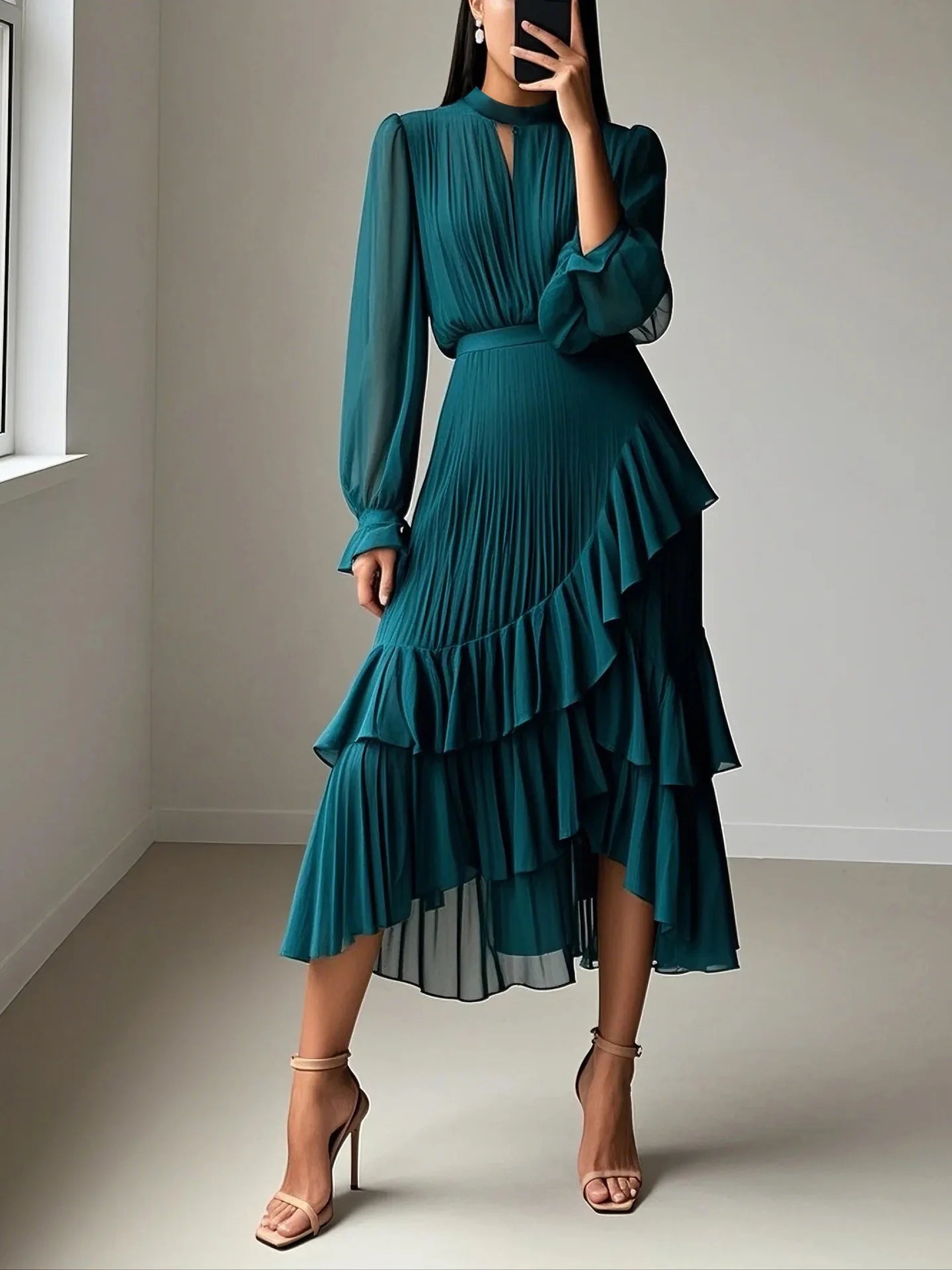 Ruffle Long Sleeve Layered A-Line Dress - Chic Spring Summer Pleated Gown - SalmanStore 