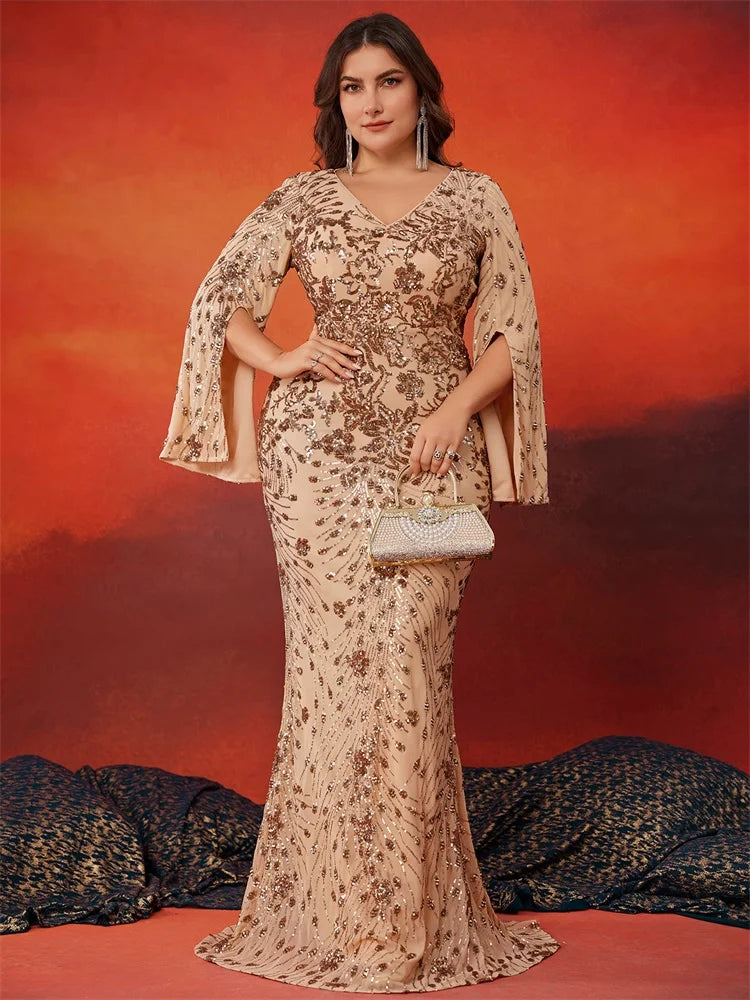 Plus Size Gold Sequin Mermaid Evening Dress - Long Sleeve Formal Prom Gown - SalmanStore 
