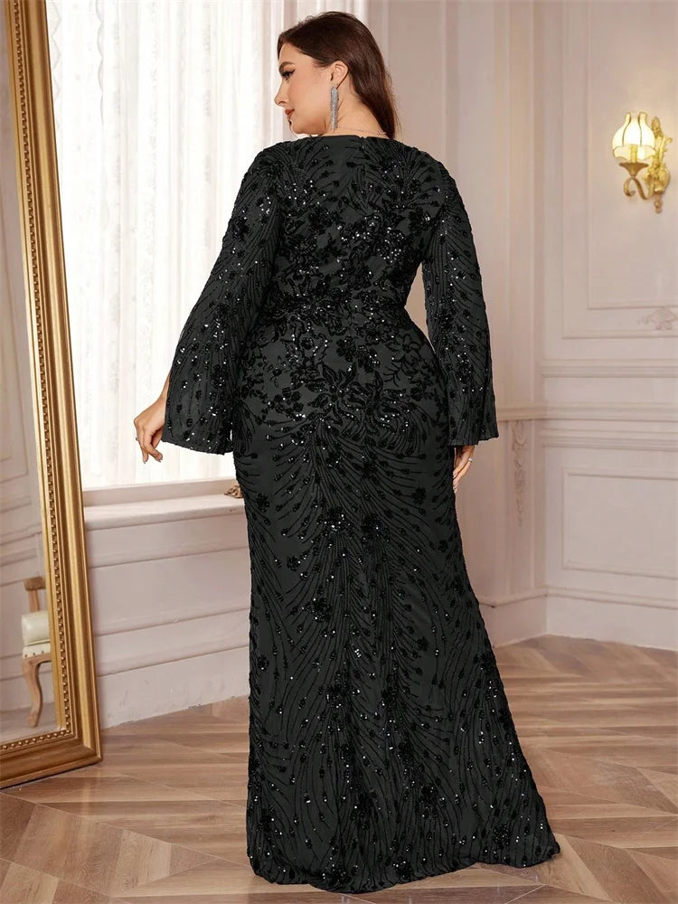 Plus Size Gold Sequin Mermaid Evening Dress - Long Sleeve Formal Prom Gown - SalmanStore 