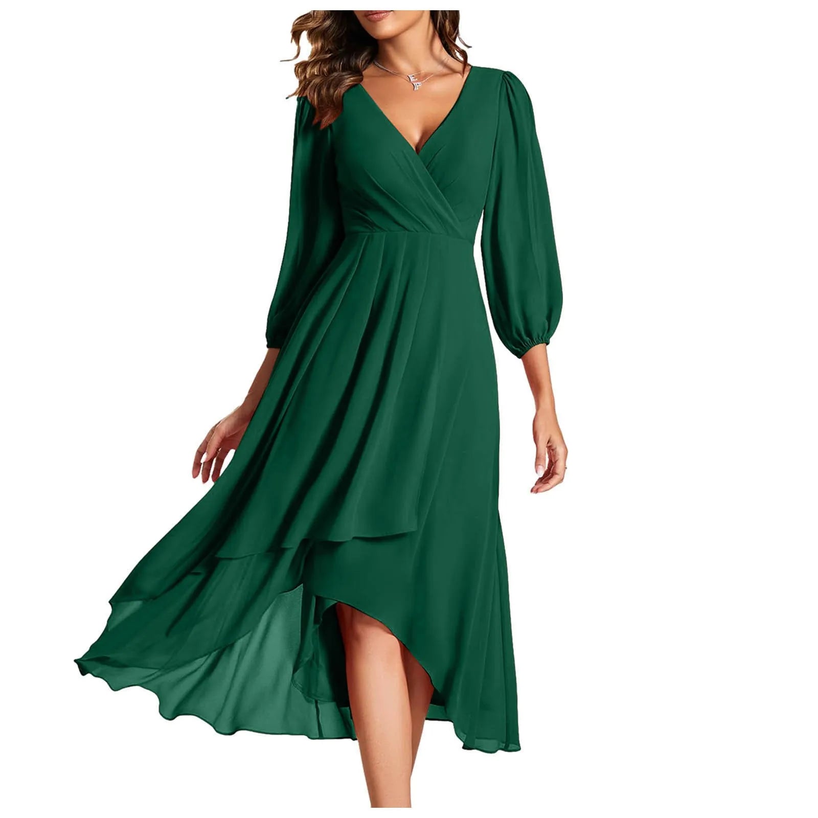 Elegant Navy Blue Chiffon Evening Dress - Long Sleeve Pleated Knee Length - JStorehub 