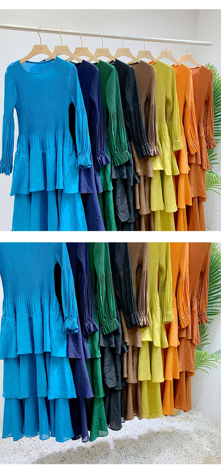 Miyake Pleated Lantern Sleeve Dress - Solid Color Lotus Edge Long Skirt - JStorehub 