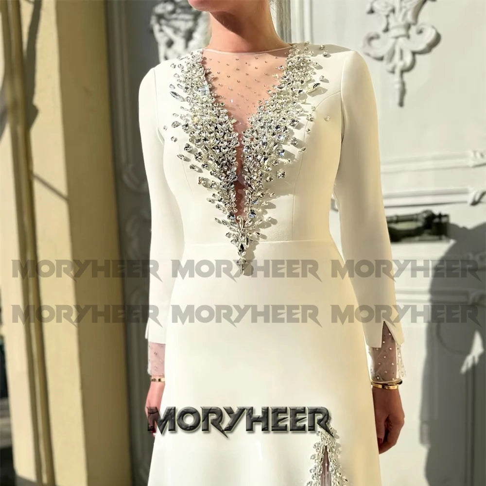 Moryheer Sparkly Rhinestone Satin Evening Dress - O-Neck Long Sleeve Slit Gown - JStorehub 