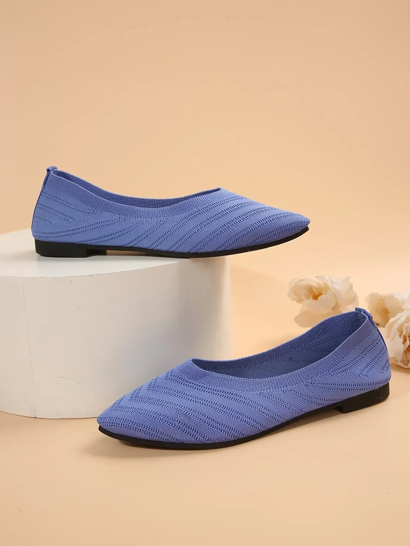 Apricot Knitted Pointed Toe Flat Shoes for Women - Slip-On Comfort