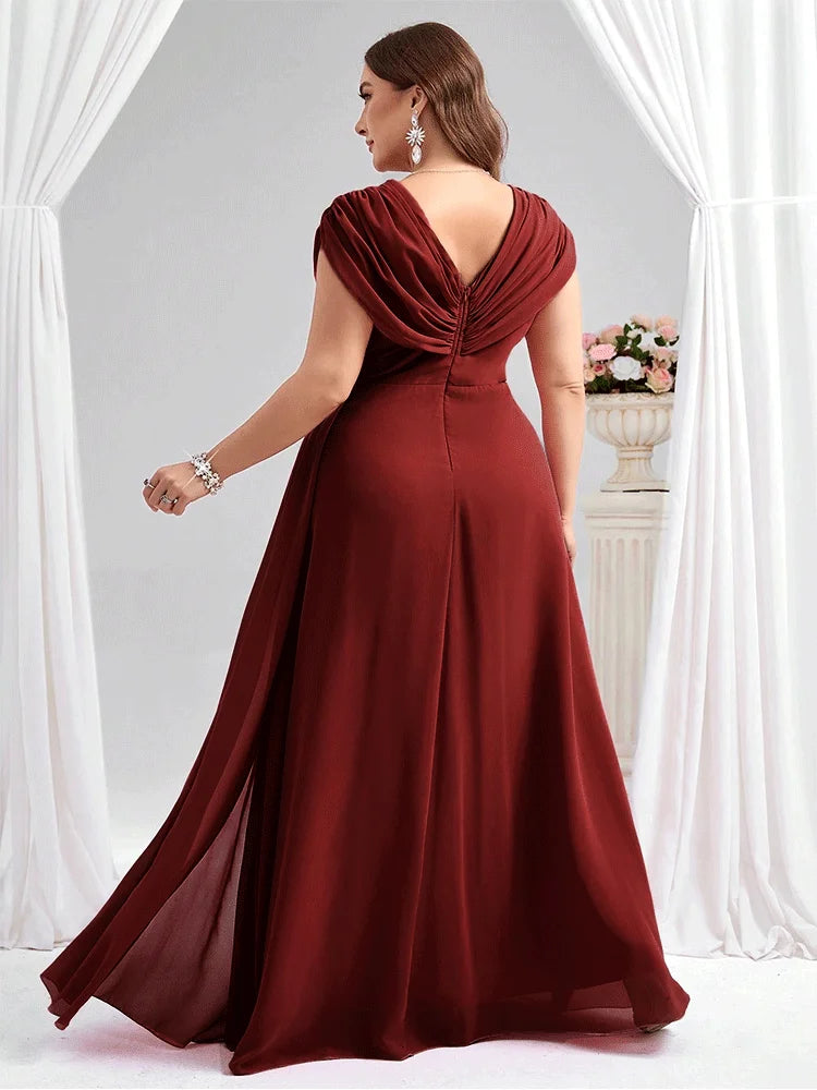 Plus Size Wine Red Chiffon Evening Dress - Luxury 4XL 5XL Mother of Bride Gown - JStorehub 