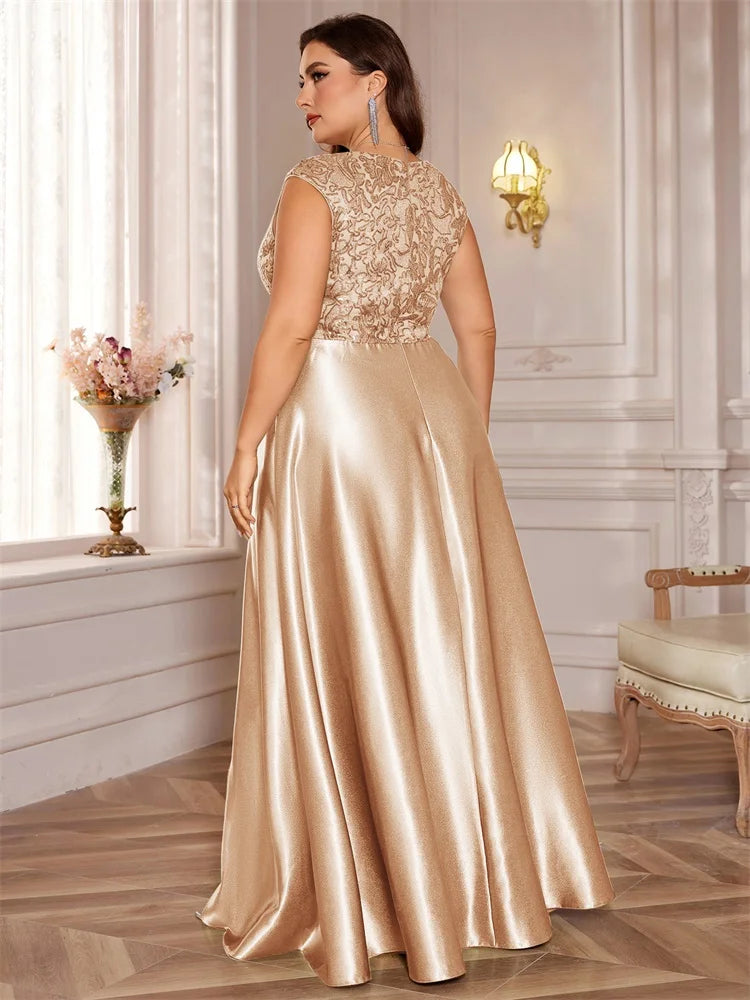 Blueplum Plus Size Gold Satin V-Neck Sequin Evening Dress 2025 - JStorehub 