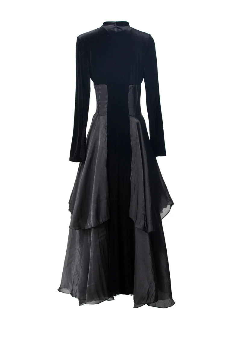Women's Dresses Sexy V Neck Long Sleeves Velvet Patchwork Ruffles Elegant Fashion Designer Party Prom Gown - SalmanStore 