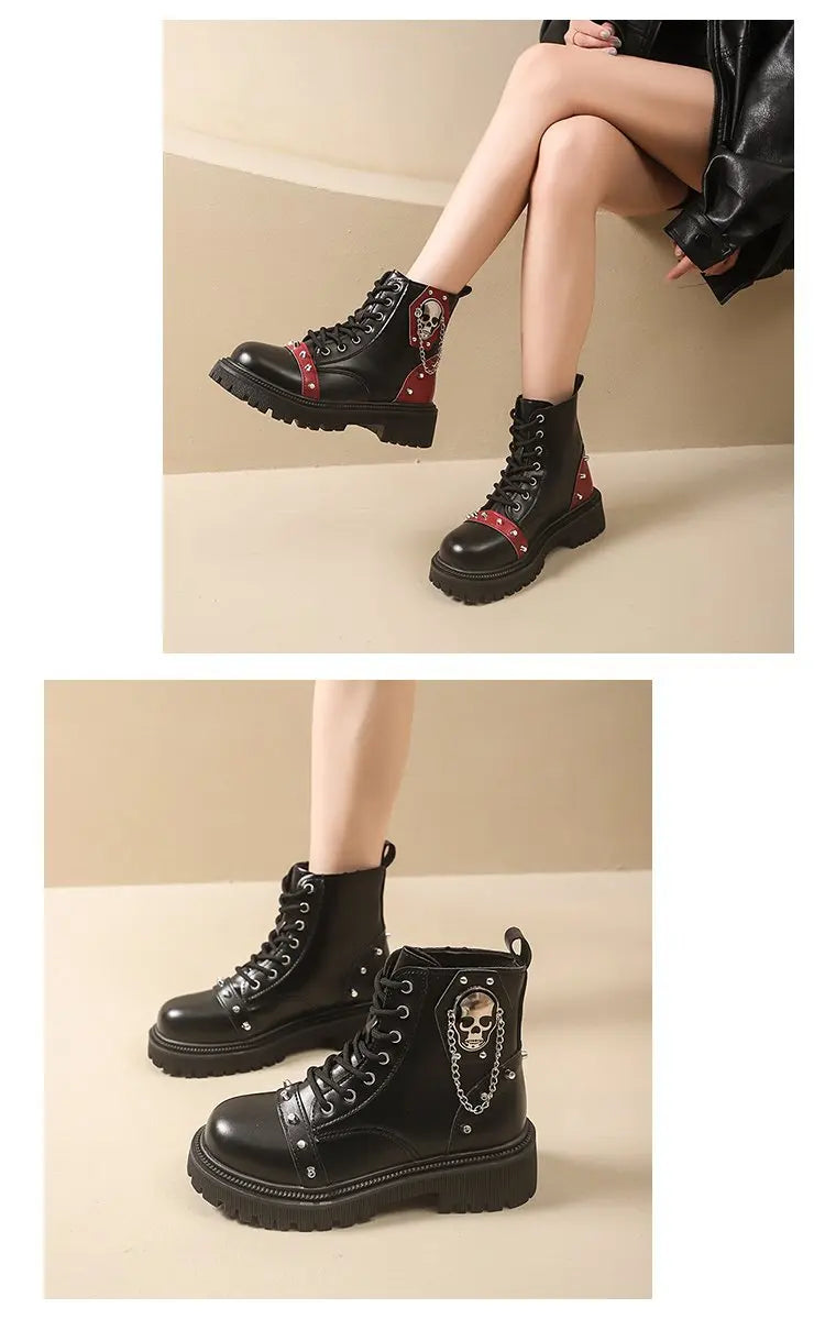 Women's Punk Ankle Boots - Platform Buckle Lace-Up Block Heel Shoes - JStorehub 
