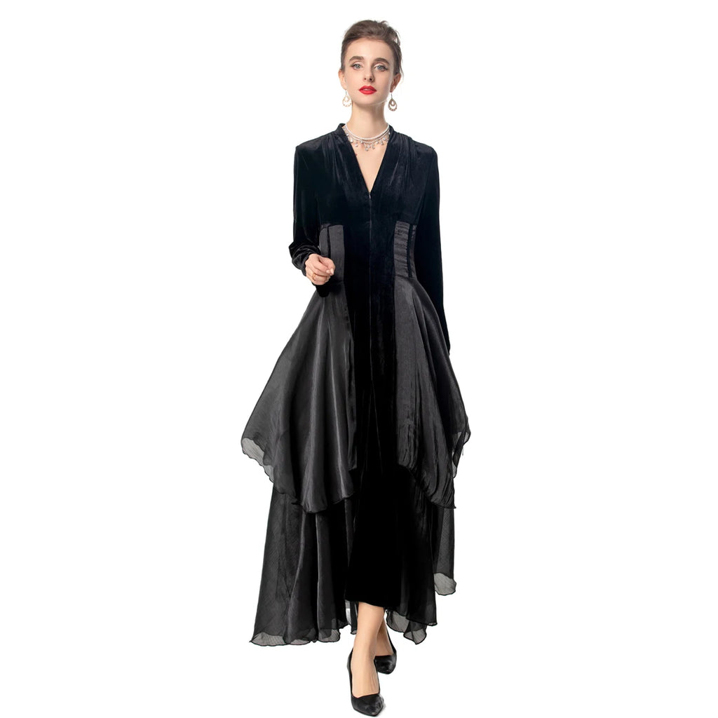 Women's Dresses Sexy V Neck Long Sleeves Velvet Patchwork Ruffles Elegant Fashion Designer Party Prom Gown - SalmanStore 