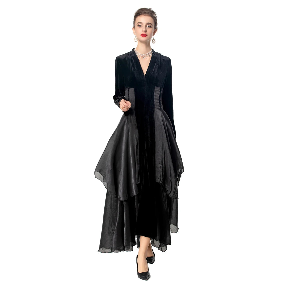 Women's Dresses Sexy V Neck Long Sleeves Velvet Patchwork Ruffles Elegant Fashion Designer Party Prom Gown - SalmanStore 