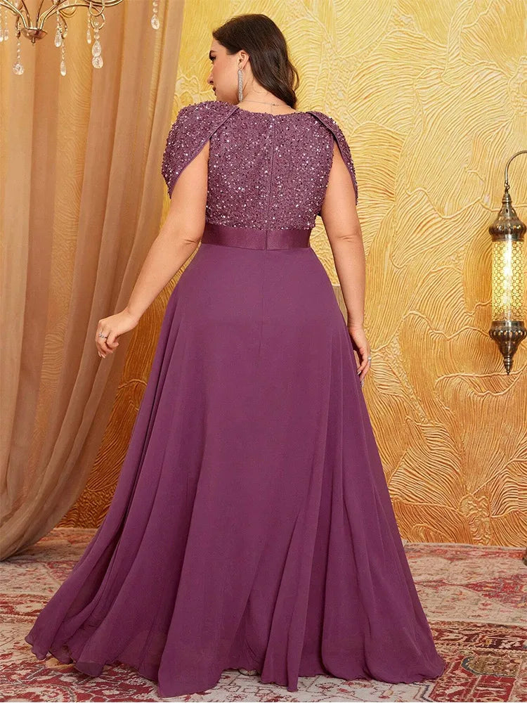 Plus Size Lotus Pink Sparkling Puff Sleeve Evening Dress 4XL 5XL - JStorehub 
