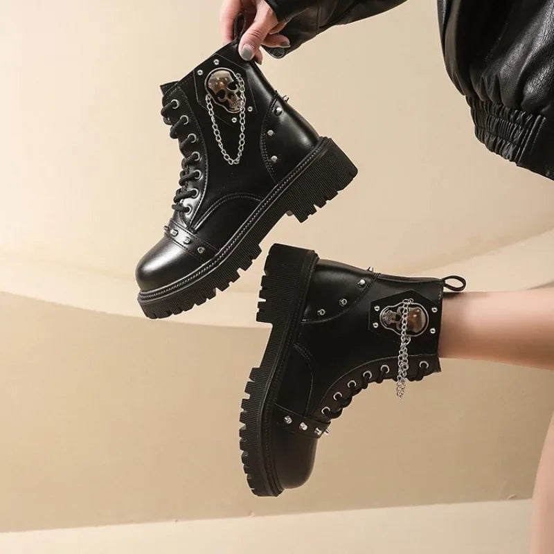 Women's Punk Ankle Boots - Platform Buckle Lace-Up Block Heel Shoes - JStorehub 