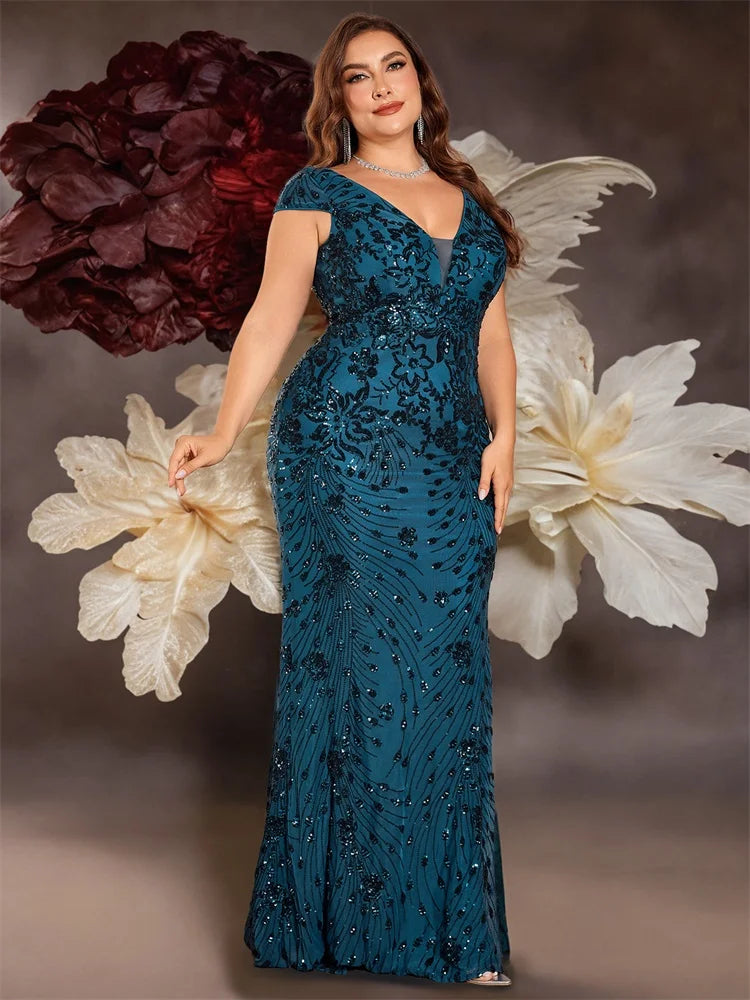 Plus Size Blue Sequin Mermaid Evening Dress - Long V-Neck Formal Prom Gown - SalmanStore 