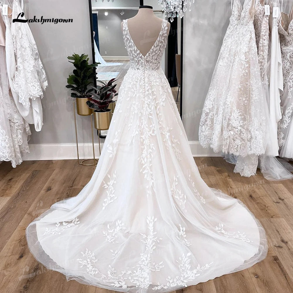 V-Neck Floral Lace Beach Wedding Dress - A-Line Summer Bridal Gown - JStorehub 