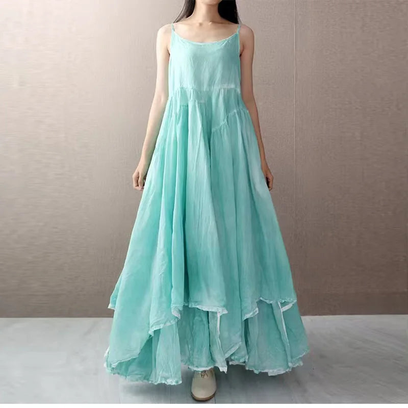 Summer Artistic Double Layer Linen Dress - Asymmetrical Hem Wide Waist - JStorehub 