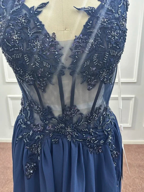 Navy Blue Beaded A-Line Evening Dress - Spaghetti Straps Illusion Prom Gown - SalmanStore 