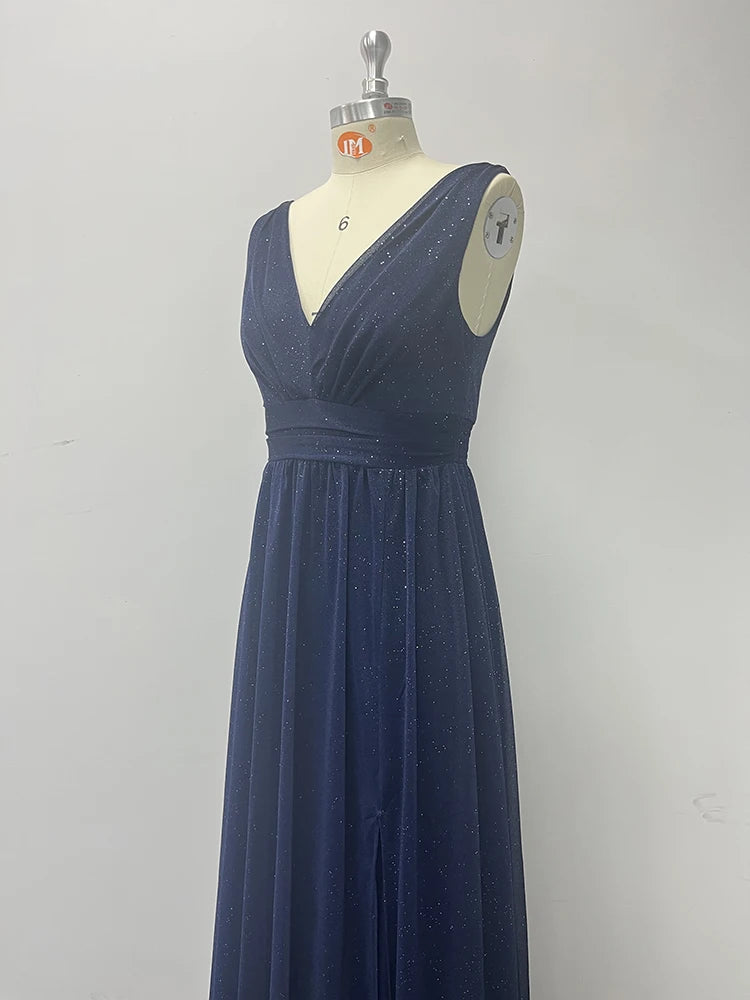 Sparkling Chiffon Double V-Neck A-Line Evening Gown with Side Slit - Bridesmaid Dress - SalmanStore 
