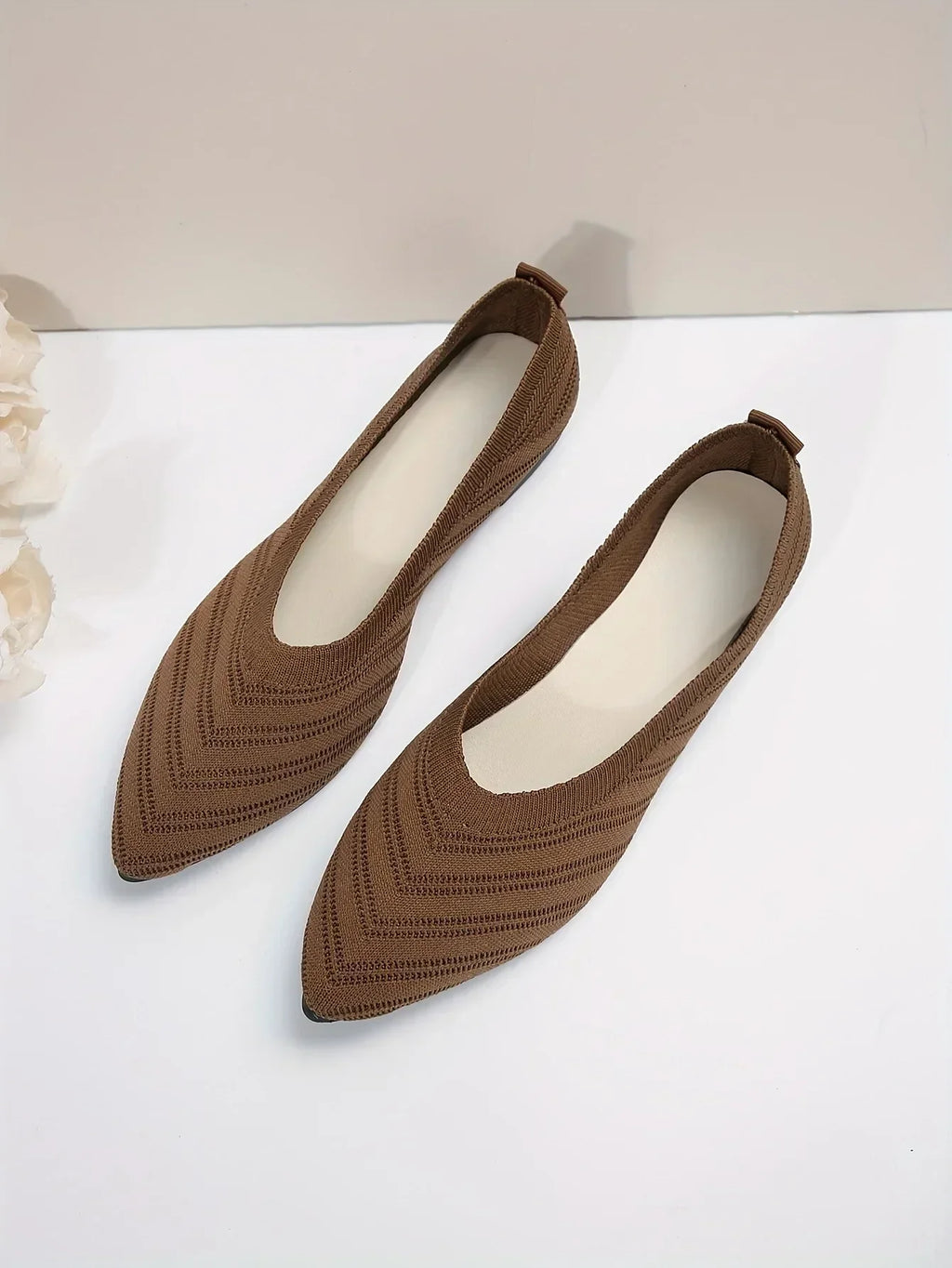 Apricot Knitted Pointed Toe Flat Shoes for Women - Slip-On Comfort