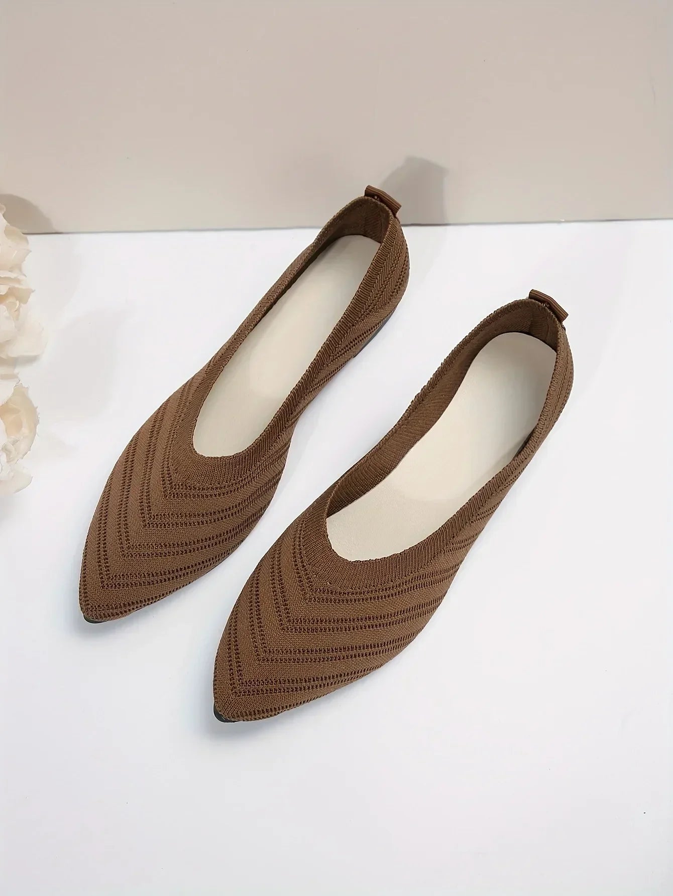 Apricot Knitted Pointed Toe Flat Shoes for Women - Slip-On Comfort