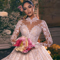 Customized Long Sleeve Ball Gown Wedding Dress - Illusion Neck Princess Bridal Gown - JStorehub 