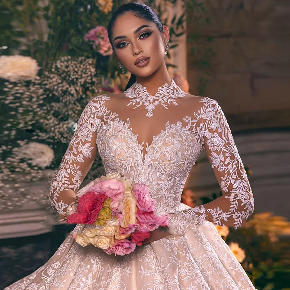 Customized Long Sleeve Ball Gown Wedding Dress - Illusion Neck Princess Bridal Gown - JStorehub 