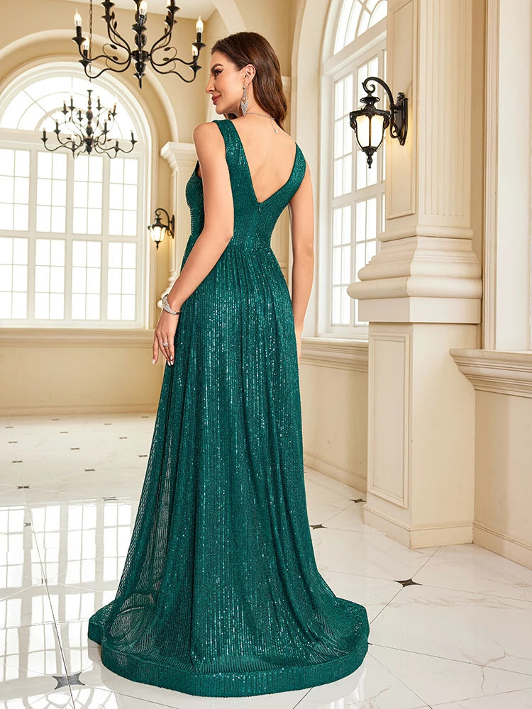 Luxury Green Sequin Evening Dress 2025 - V-Neck Sleeveless Formal Prom Gown - JStorehub 