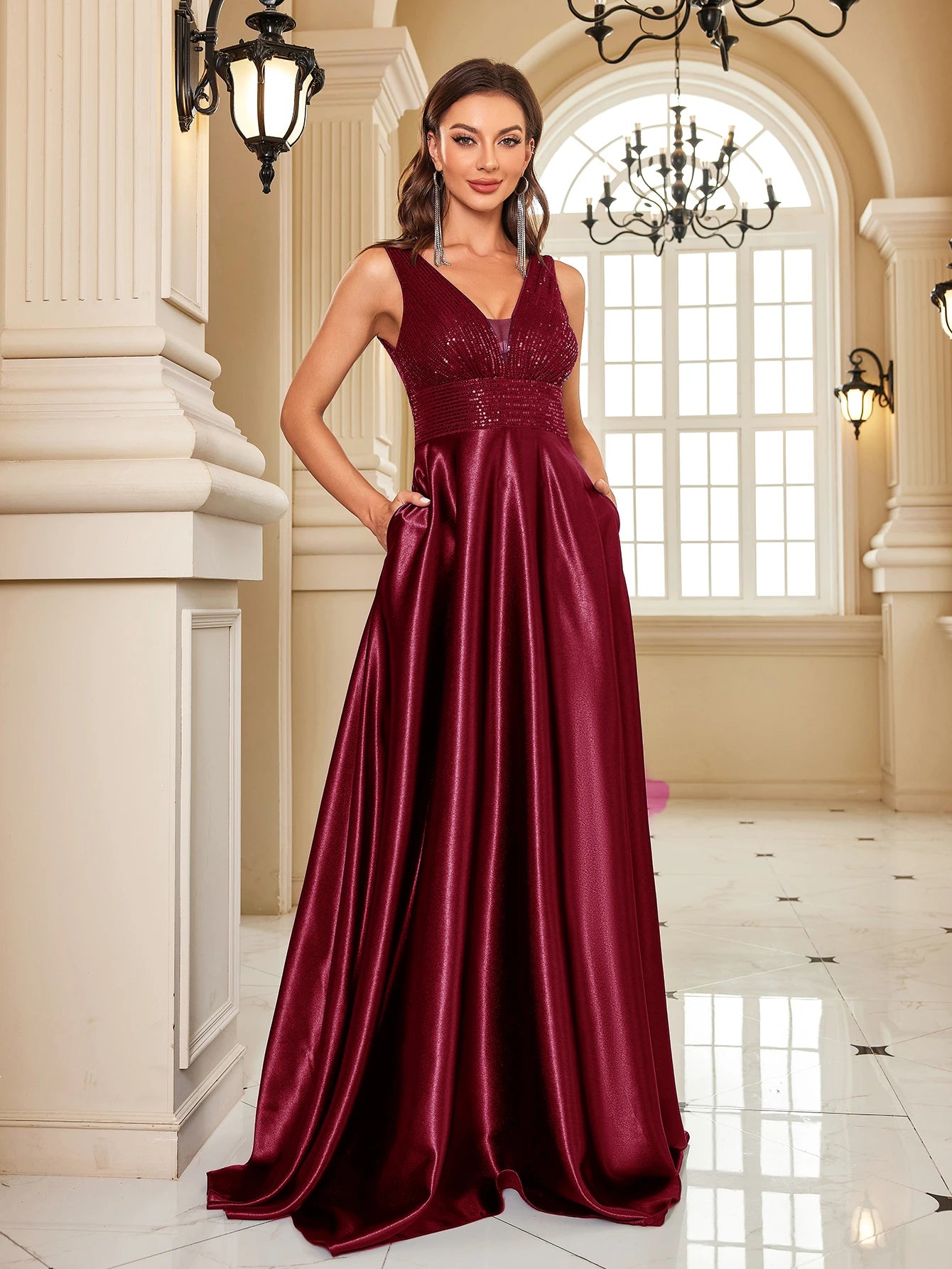 Elegant Sequin Evening Dress for Women - Deep V-Neck Satin Prom Gown 2024