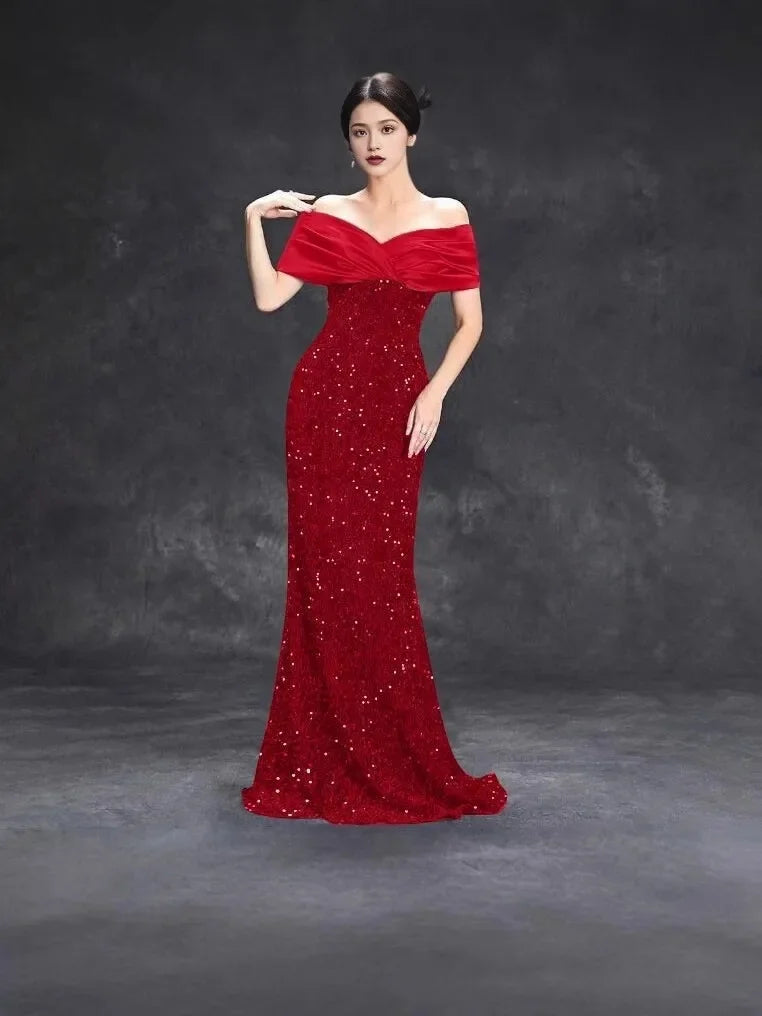 Slim Fit One Shoulder Sequin Evening Gown - A-Line Floor Length Party Dress - JStorehub 