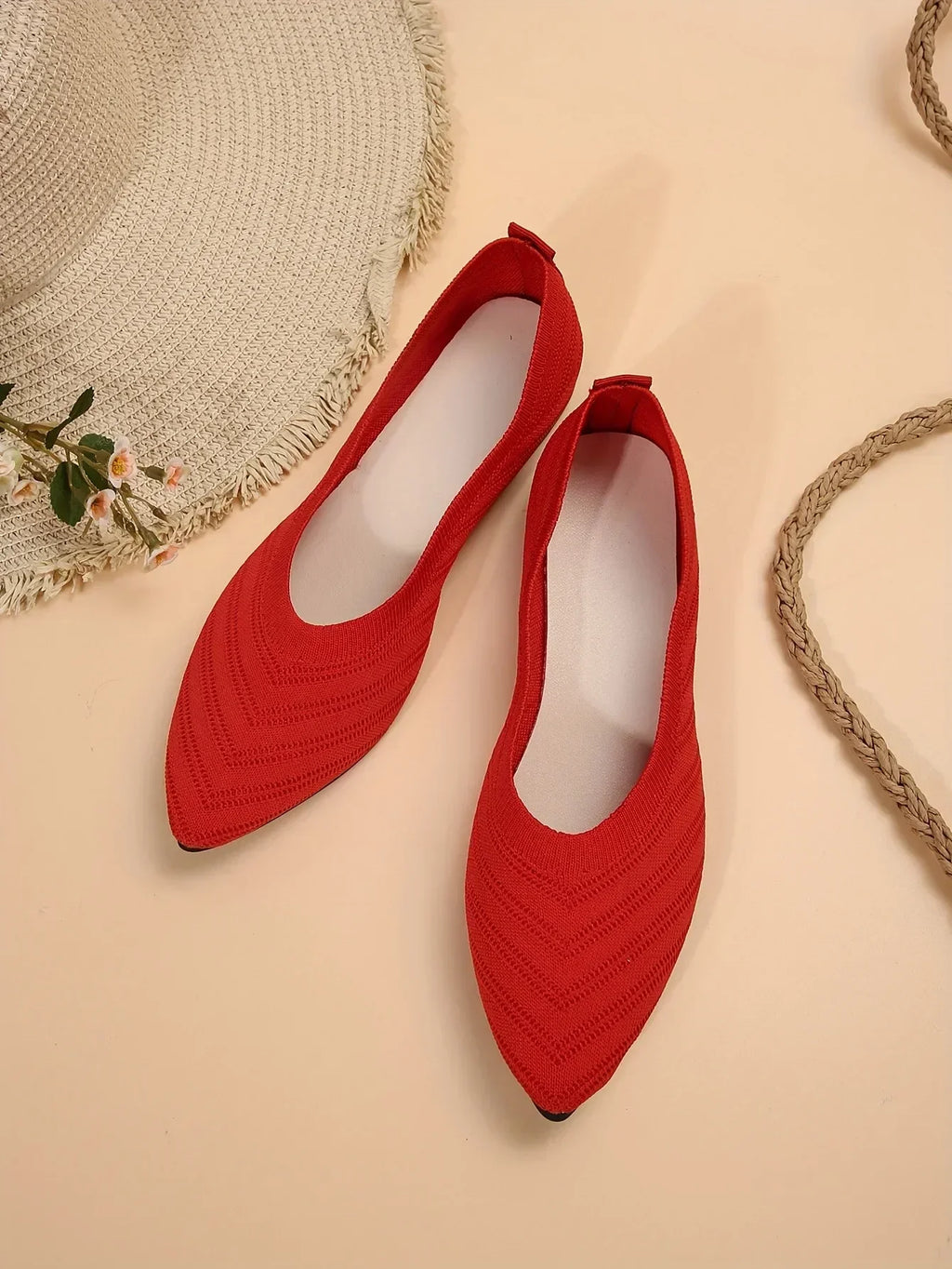Apricot Knitted Pointed Toe Flat Shoes for Women - Slip-On Comfort