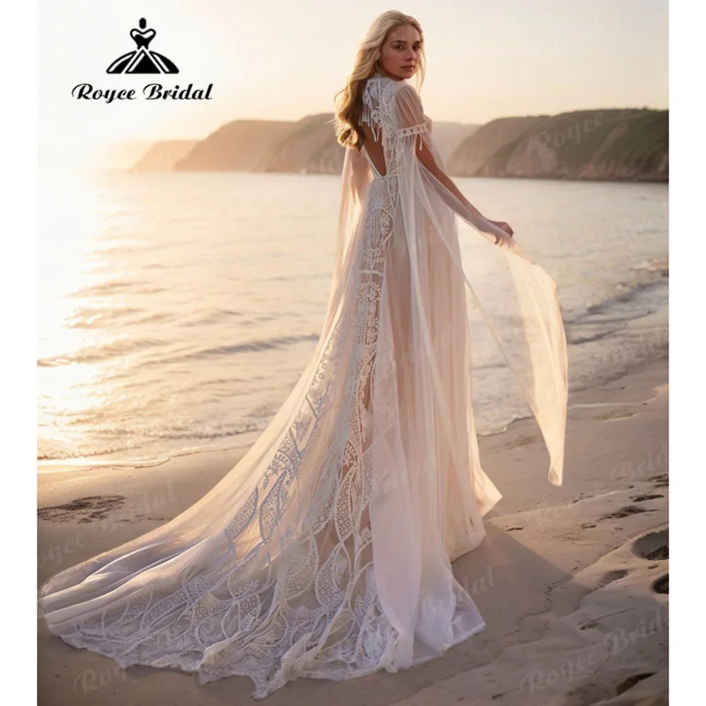 Hippie Flowy Lace Boho Wedding Dress with Cape - Backless Bohemian Bridal Gown - JStorehub 