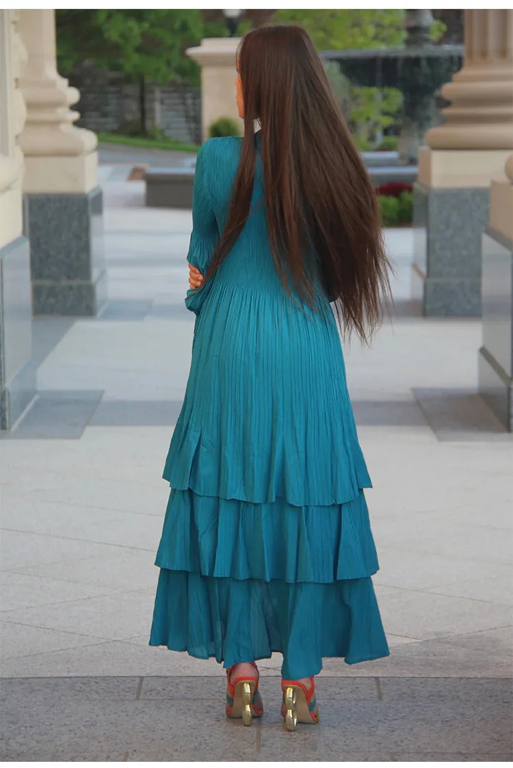 Miyake Pleated Lantern Sleeve Dress - Solid Color Lotus Edge Long Skirt - JStorehub 