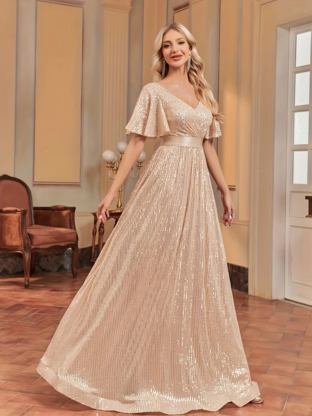 Elegant Retro Flared Sleeve Mesh Evening Gown for Women - JStorehub 
