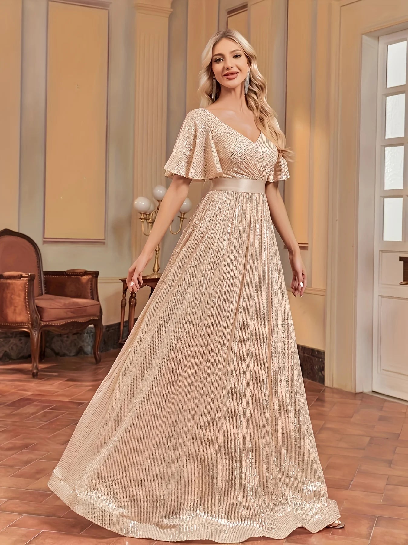 Elegant Retro Flared Sleeve Mesh Evening Gown for Women - JStorehub 
