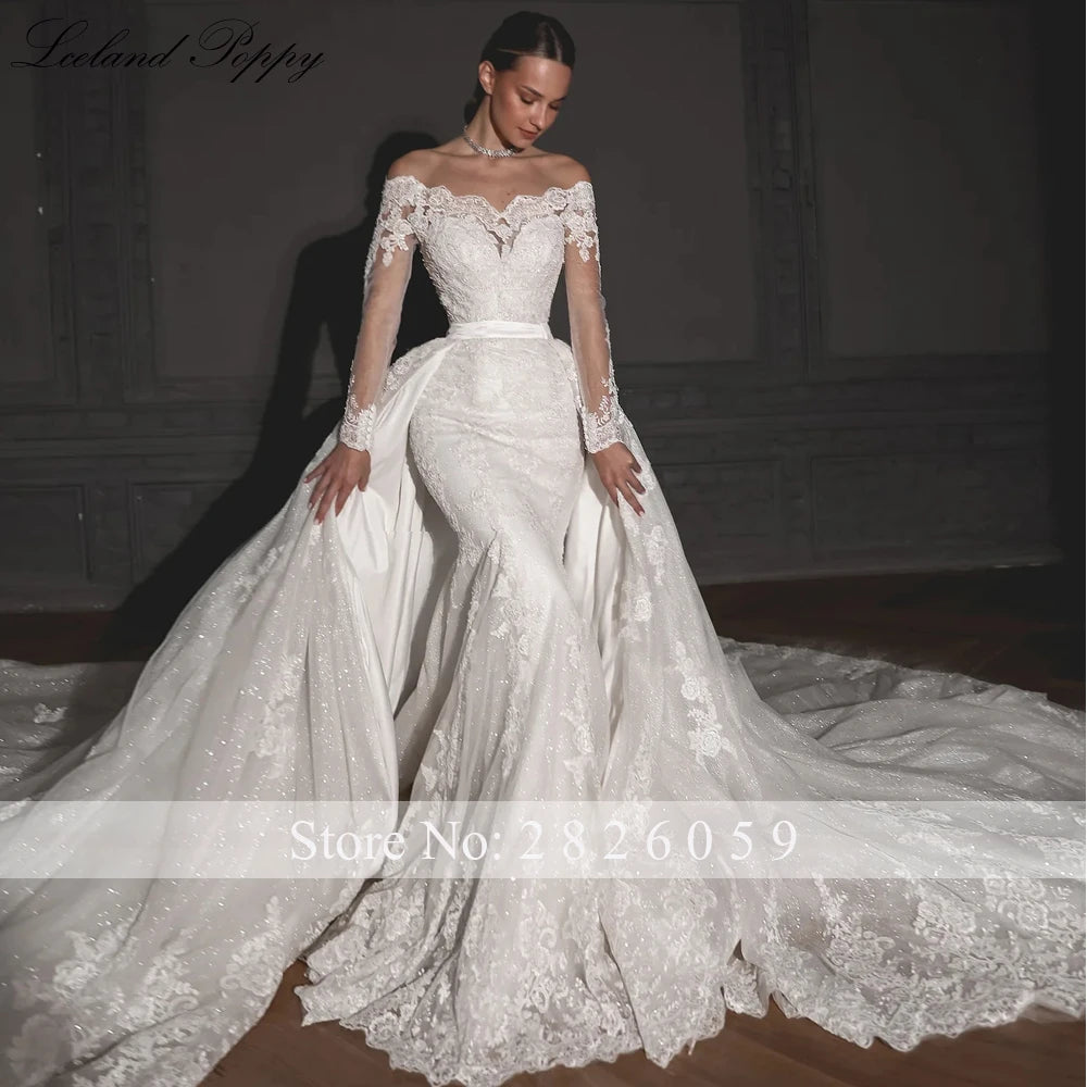 Iceland Poppy Customized Boat Neck Mermaid Lace Wedding Dress with Detachable Train - JStorehub 