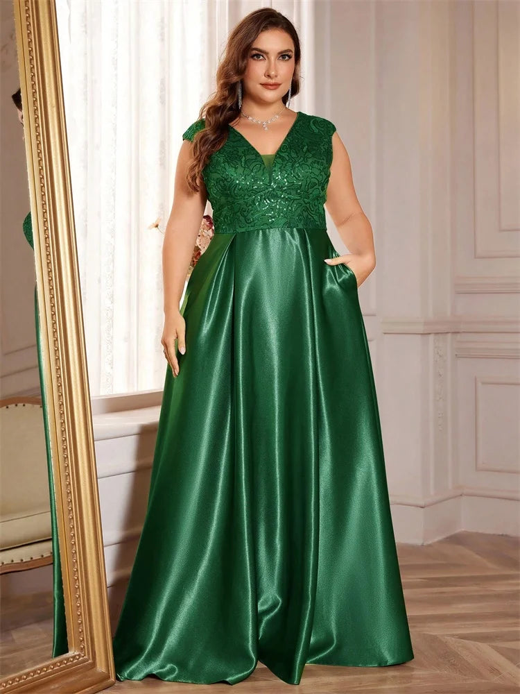 Blueplum Plus Size Gold Satin V-Neck Sequin Evening Dress 2025 - JStorehub 