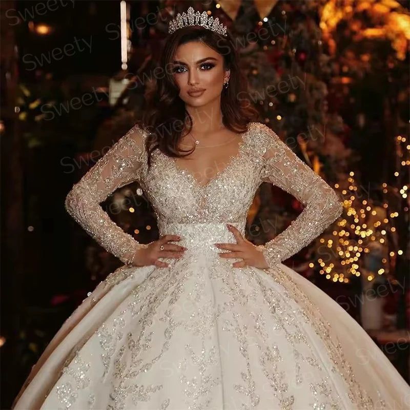 Shiny Fully Beaded Ball Gown Wedding Dress - O-Neck Full Sleeve Bridal Gown - JStorehub 