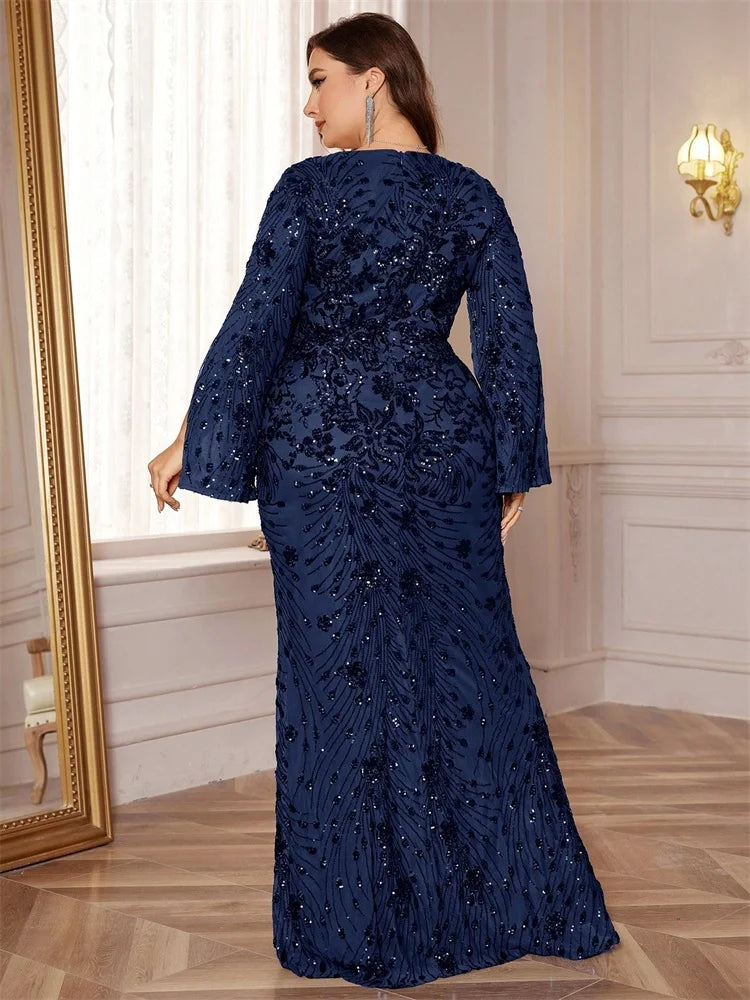 Plus Size Gold Sequin Mermaid Evening Dress - Long Sleeve Formal Prom Gown