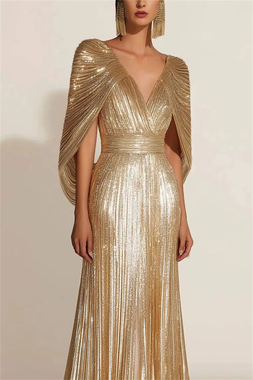 Gold V-Neck A-Line Glitter Prom Dress with Shawl - Floor Length - JStorehub 