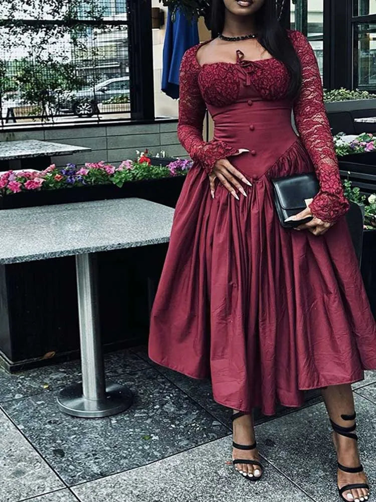 Women Dresses: Elegant Hollow Out Lace French Dress - Salman Store