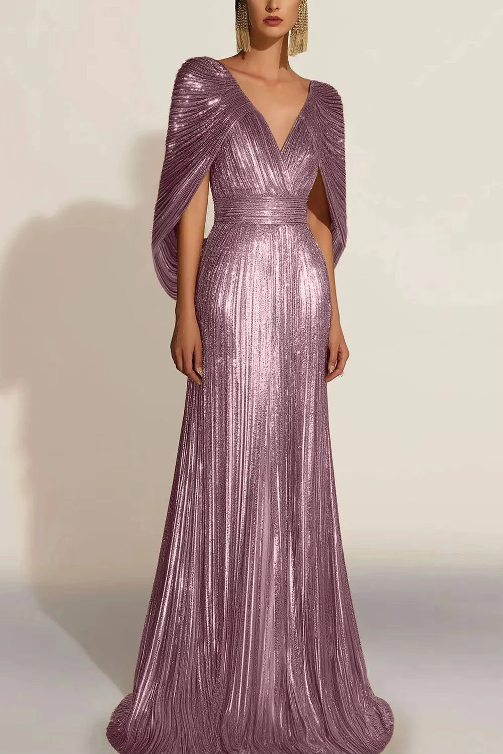 Gold V-Neck A-Line Glitter Prom Dress with Shawl - Floor Length - JStorehub 