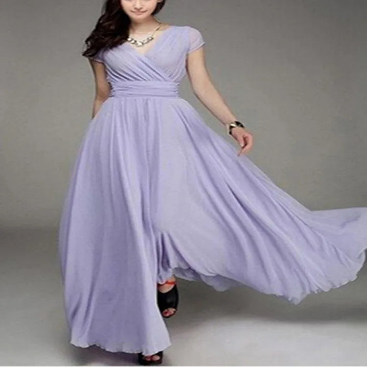 Women's Short Sleeve Chiffon Evening Dress - Bohemian Party Long Gown - JStorehub 